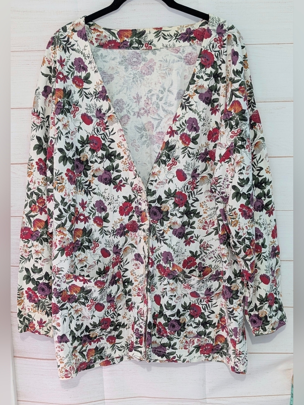 Vintage Floral Button-Up Cardigan — Off White with Pink & Purple Flowers Size XL